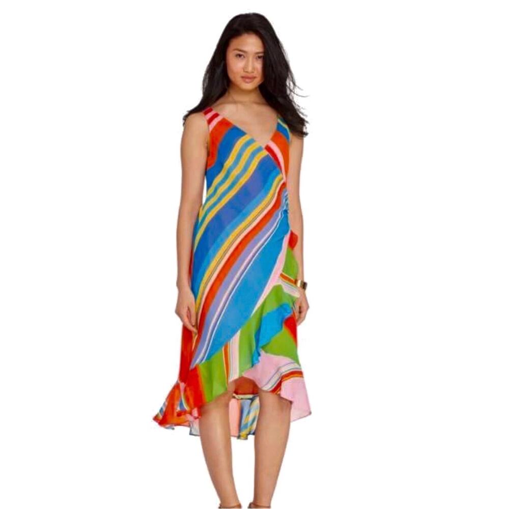Ralph Lauren Orange Multicolor Stripe Chiffon Faux Wrap Summer Dress 10 Petite